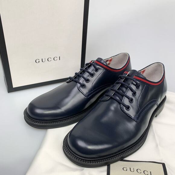NIB Gucci kids leather shoes with web Midnight Blue Size 33 - Picture 2 of 12